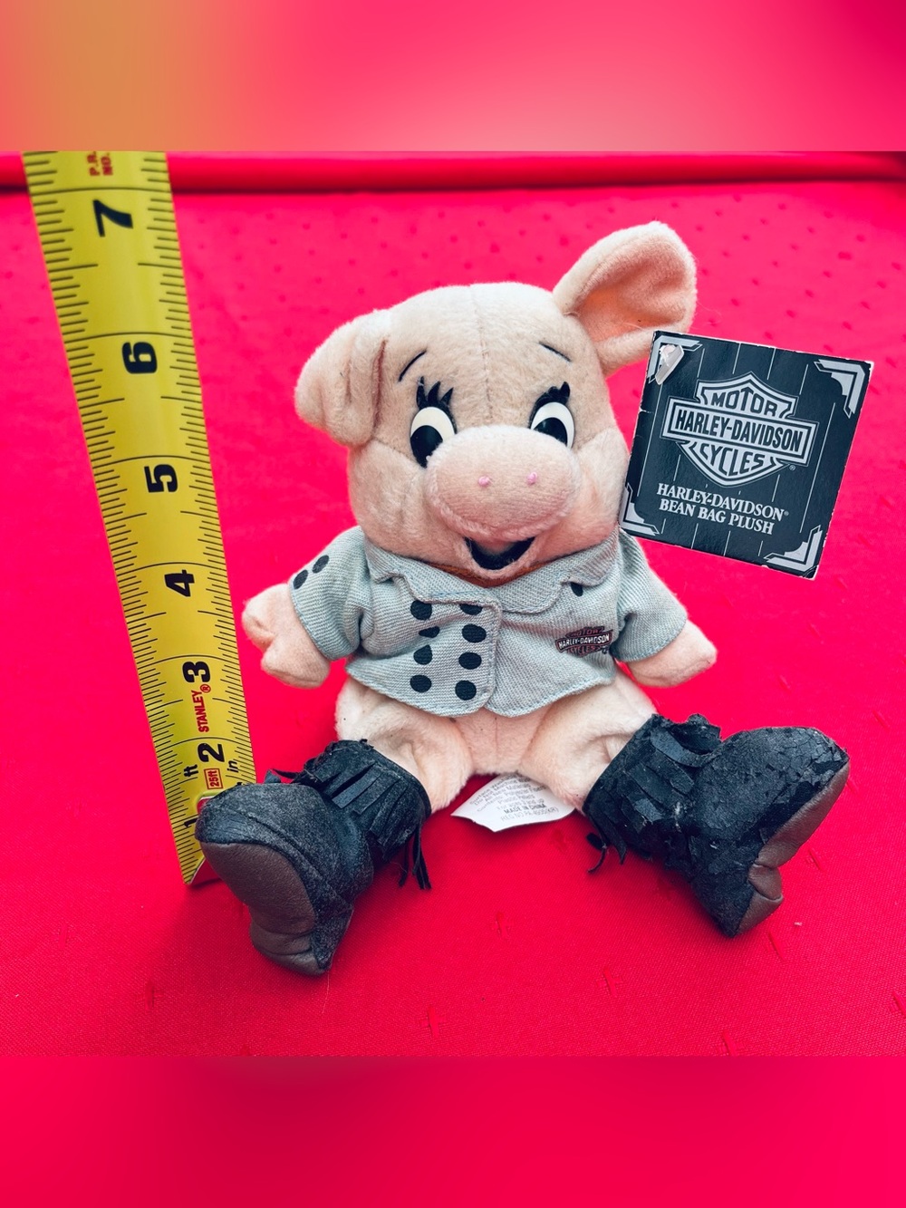 Vintage Harley-Davidson Pink Plush Piglet with Gray Jacket and Black Boots - Picture 3 of 5